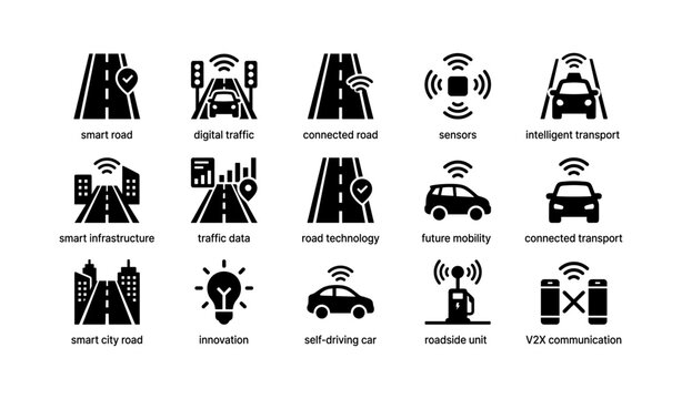 Smart transportation icons: connected roads, digital traffic, sensors, future mobility, innovation