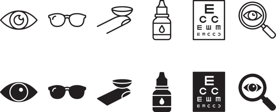 Eye Care and Vision Icons Set with Eye, Glasses, Contact Lens, Eye Drops, Vision Chart and Magnifier Symbols