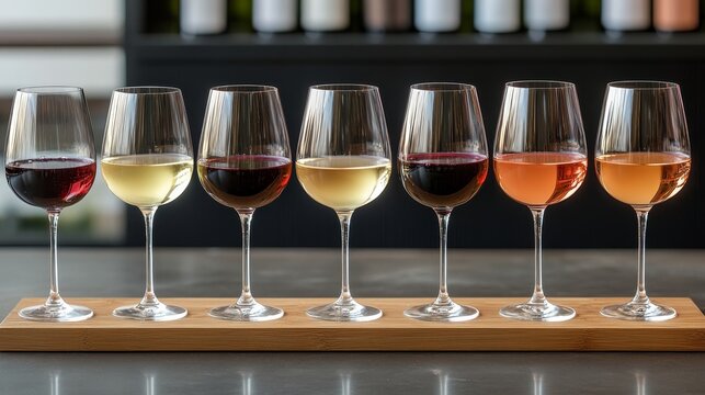 A row of wine glasses filled with various wines, elegantly displayed on a wooden tray