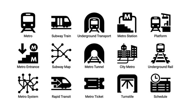 Icons of metro transportation: subway, stations, and maps