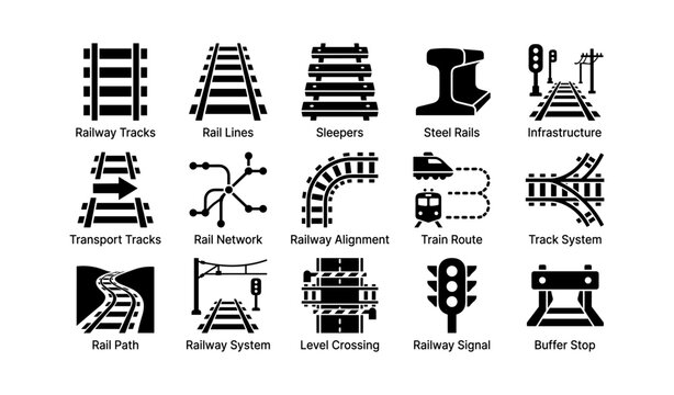 Railway infrastructure icons: tracks, signals, routes, rail lines, systems