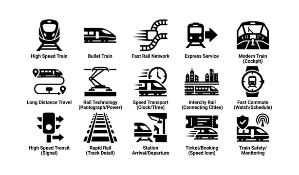 High speed train icons with rail network travel technology and transport elements