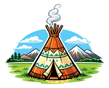Cartoon illustration of a teepee depicting a traditional dwelling with smoke rising in a natural landscape for outdoor adventures