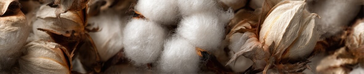 Obraz premium Panoramic close-up of natural white cotton flowers. Fluffy soft fiber texture background