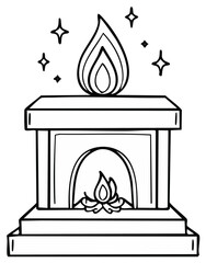 Stylized Line Drawing of a Traditional Hearth Fireplace with Flames and Sparkles