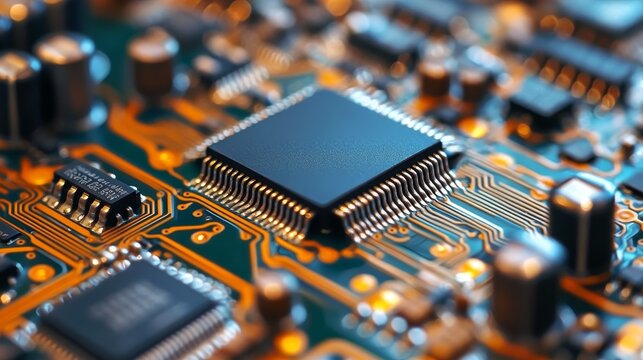 Close-up of a circuit board showcasing a microchip surrounded by electronic components