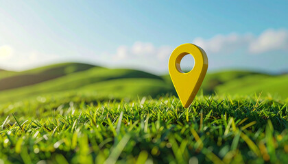 Naklejka premium Vibrant yellow location pin standing in lush green grass, rolling hills and bright sky in background.