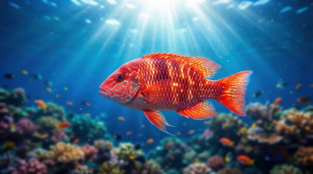 Vibrant red snapper fish swimming near tropical coral reef in deep blue ocean with sunbeams