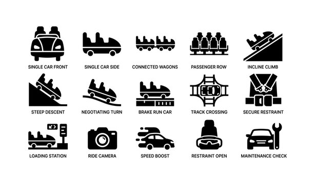 Amusement park roller coaster icons: safety, speed, and fun