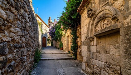 Cobblestone alleyway between weathered stone walls leads to arched doorways and distant building