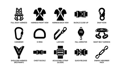 Obraz premium Safety harness equipment icons set: front, back, buckle, carabiner, lanyard, fall arrester