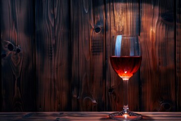Naklejka premium Elegant glass of red wine placed on a wooden surface, set against a backdrop of rustic wooden planks, creating a warm and inviting ambiance
