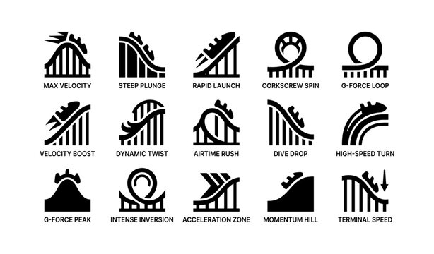 Roller coaster icons set: dynamic twist, g-force loop, high-speed turn, airtime rush, steep plunge