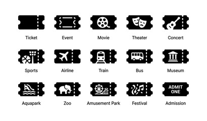Set of black ticket icons for events and transportation