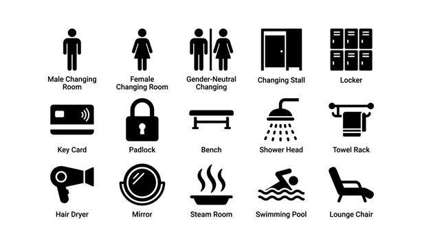 Icons representing changing rooms and amenities including locker and shower facilities