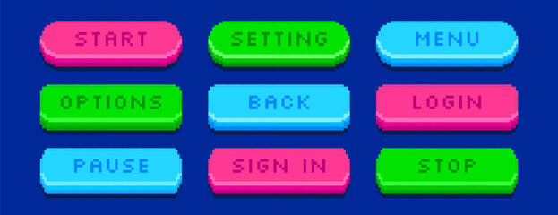 Fototapeta premium Colorful pixel art 8bit start, pause, back and sign in buttons vector set . Pixelated video game icons, text box frames, interface menu elements in retro style. Arcade ui graphic symbols on background