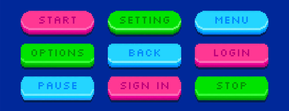 Colorful pixel art 8bit start, pause, back and sign in buttons vector set . Pixelated video game icons, text box frames, interface menu elements in retro style. Arcade ui graphic symbols on background