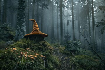 Naklejka premium Orange witch hat sits on a mossy tree stump in a mysterious, misty forest, creating a magical and enchanting atmosphere