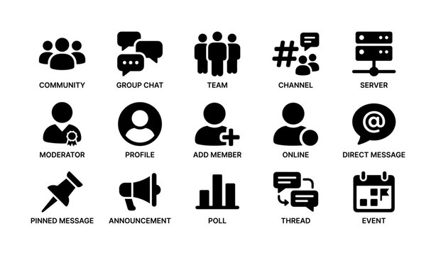 Social media icons: community, chat, team, channel, server, and more