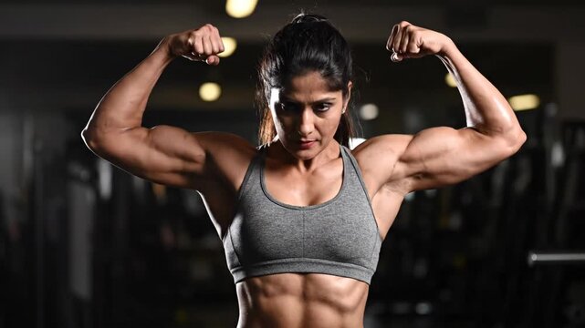 Muscular female bodybuilder flexing biceps in gym