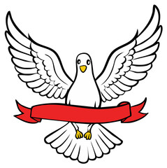 Cartoon dove carrying red ribbon, flying, with outstretched wings and blank space