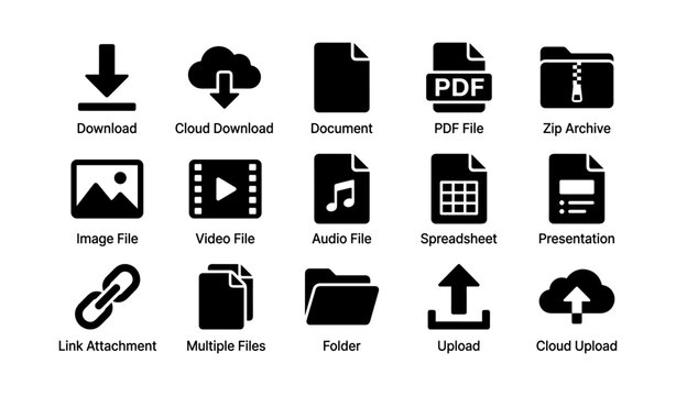Set of various digital file and media icons representing formats and functions
