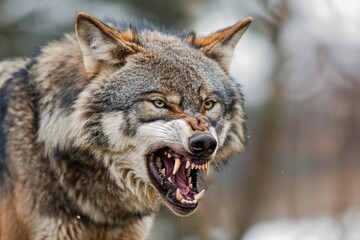 Obraz premium Eurasian wolf showing teeth and snarling in a snowy winter forest
