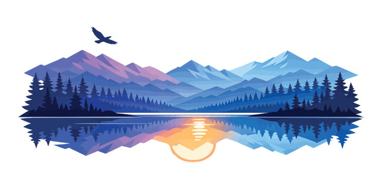 Modern flat illustration of a mountain lake landscape depicting a serene sunrise reflection for nature and outdoor themes