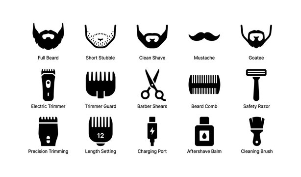 Icon set of male facial hair and grooming tools including trimmers and razors