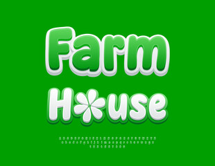 Naklejka premium Vector Promotion poster Farm House with Decorative Flower. Cute Green Font. Groovy Rounded Alphabet Letters and Numbers set. 