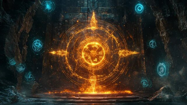 Magical dimensional gateway igniting with plasma, arcane sigils glowing, mystical cave setting, portal activation, energy surge.