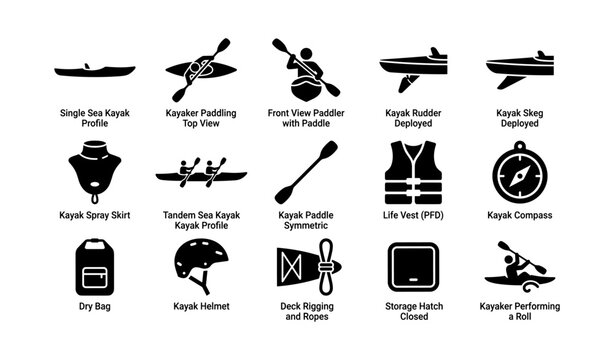 Kayaking equipment icons: paddles, helmets, life vest, compass, rudders