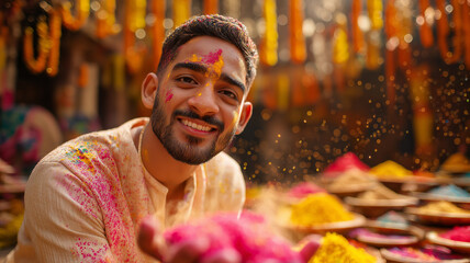 Fototapeta premium Cheerful man celebrating colorful festival with vibrant powders in a lively market during day Generative AI