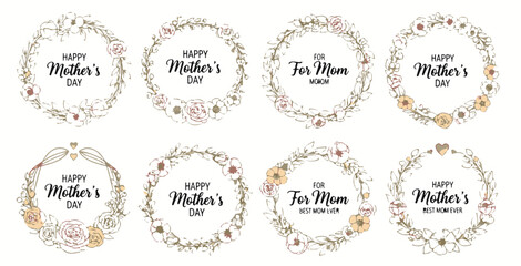 Mother&rsquo;s Day Vintage Floral Wreath Collection with Hand Drawn Gold Rose Borders and Greeting Labels
