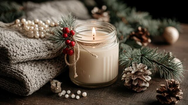 Holiday candle glowing softly in glass jar, surrounded by pine, berries, knit blanket, cozy winter ambiance, seasonal decor.