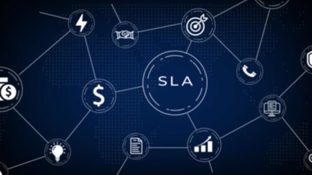 Digital network diagram illustrating Service Level Agreement SLA concepts with interconnected for finance, communication, and performance metrics on a dark blue background with a subtle map overlay
