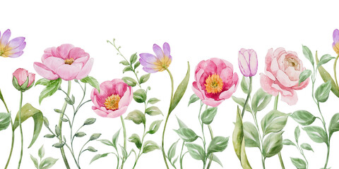 Fototapeta premium Watercolor spring wildflowers garden flowers seamless border, hand drawn repeat floral seamless border