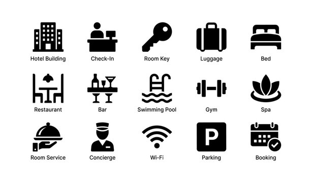 Hotel amenities icons: dining, recreation, accommodation, services