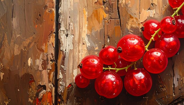 Glossy red currants dangle over rustic, weathered wooden planks with peeling paint in a vibrant oil-painting style