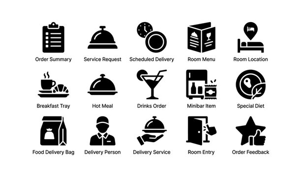 Hotel service icons: order summary, room service, scheduled delivery, special diet, room entry