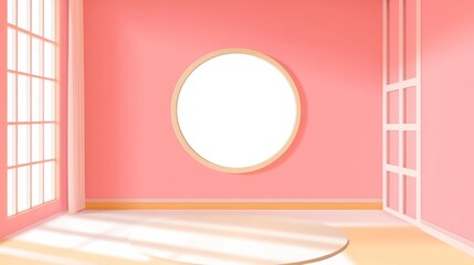 A minimalist pink interior room with a circular window and soft lighting creating a cozy atmosphere