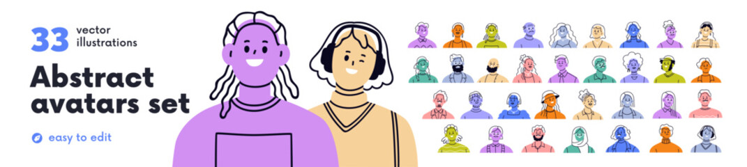 Obraz premium Modern abstract avatars set. Colored head portraits of diverse people. Happy smiling faces of men and women characters, drawn user profiles. Flat vector illustration isolated on white background