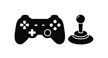 Black silhouette icons of a gamepad and arcade joystick © Mstsalma