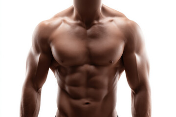 Obraz premium faceless athletic man front facing with sculpted abs on white background, soft diffused light, shallow depth of field.