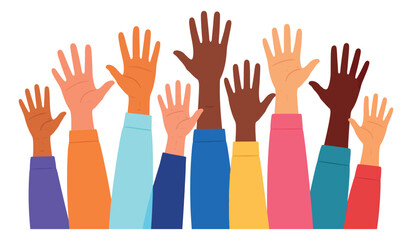 Obraz premium Flat illustration of diverse raised hands depicting community and inclusion for social awareness