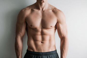 Obraz premium faceless male torso front view with strong abs, neutral stance, bright minimalist studio setting, soft diffused lighting.
