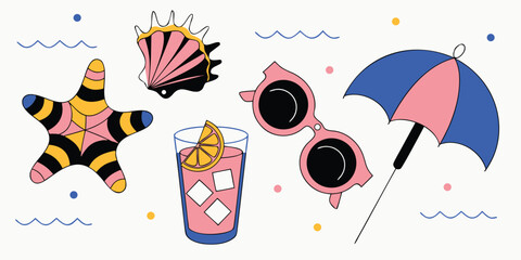 Summer Beach Accessories Including Starfish, Seashell, Sunglasses, and Umbrella vacation holiday