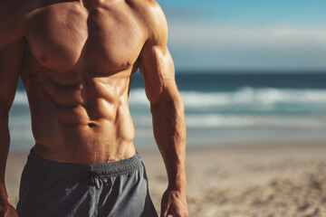 Obraz premium fit man with defined abs standing confidently on sandy beach, ocean horizon in background, natural sunlight, healthy lifestyle concept.