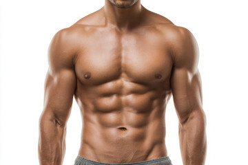 Obraz premium athletic male torso with strong abs, frontal view on white seamless background, relaxed neutral posture, even studio lighting.