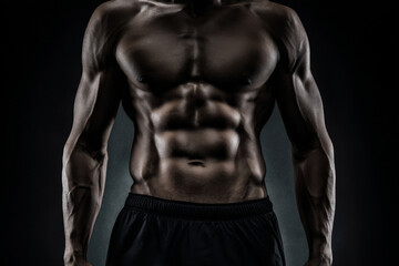 faceless muscular male torso front facing, strong abs highlighted by dramatic overhead lighting, dark studio background.